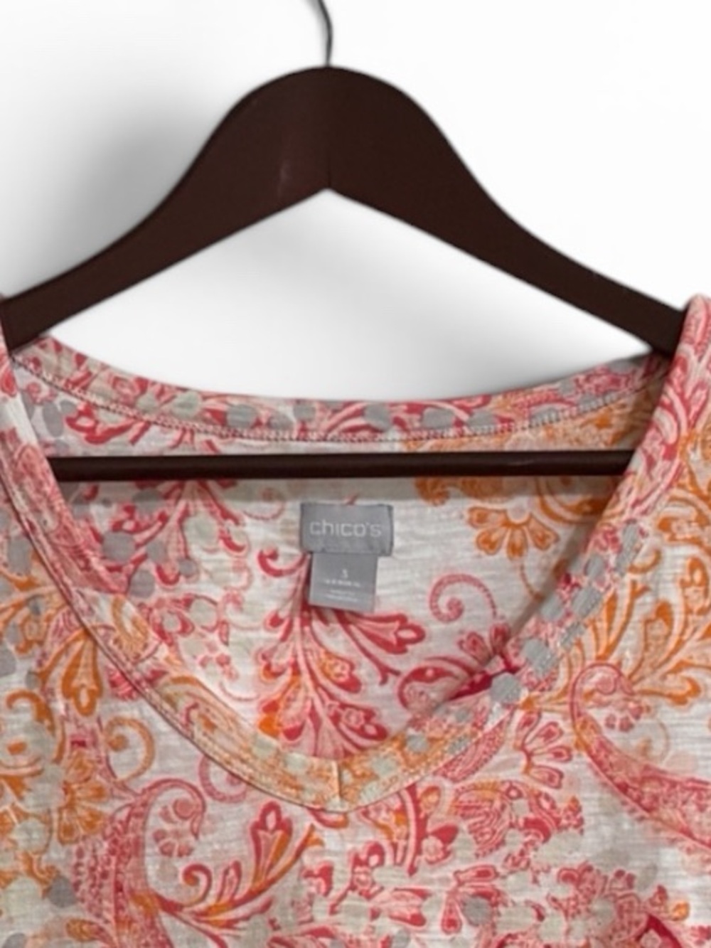 Chico's Pink Orange White Paisley Short Sleeve Tee Sz 3 XL - Picture 3 of 7